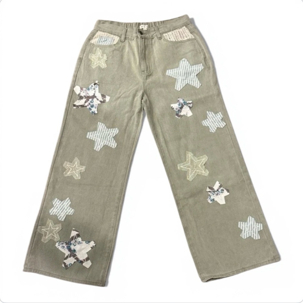JUST IN! POL Star Patchwork Jeans Olive Green Straight Leg - Picture 2 of 10
